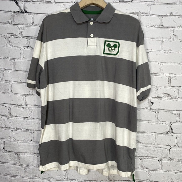 Disney Parks Mens Epcot Polo‎ Shirt Size XL Embroidered Gray White Stripe - Picture 1 of 16